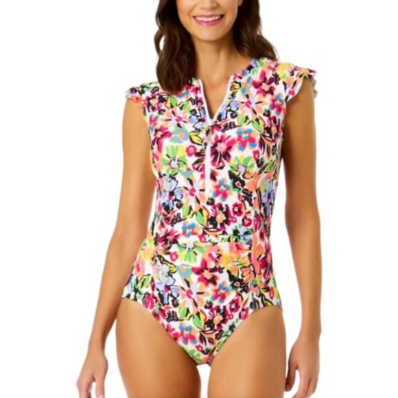 Anne Cole Other - Anne Cole Sun Blossom Flutter Sleeve Zip Up One Piece Swimsuit Size 8